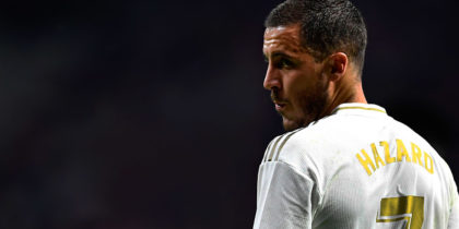 Real Madrid's Belgian forward Eden Hazard looks on during the Spanish league football match between Club Atletico de Madrid and Real Madrid CF at the Wanda Metropolitano stadium in Madrid on September 28, 2019. (Photo by OSCAR DEL POZO / AFP) (Photo credit should read OSCAR DEL POZO/AFP/Getty Images)