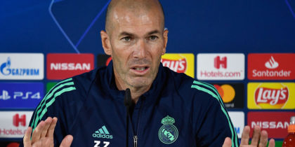 Real Madrid's French coach Zinedine Zidane gives a press conference at the Valdebebas training complex in the outskirts of Madrid, on September 30, 2019, on the eve of the UEFA Champions league Group A football match against Club Brugge. (Photo by PIERRE-PHILIPPE MARCOU / AFP) (Photo credit should read PIERRE-PHILIPPE MARCOU/AFP/Getty Images)