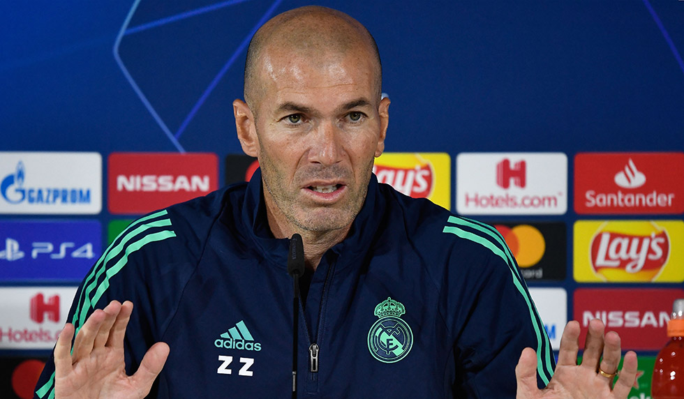 Real Madrid's French coach Zinedine Zidane gives a press conference at the Valdebebas training complex in the outskirts of Madrid, on September 30, 2019, on the eve of the UEFA Champions league Group A football match against Club Brugge. (Photo by PIERRE-PHILIPPE MARCOU / AFP) (Photo credit should read PIERRE-PHILIPPE MARCOU/AFP/Getty Images)