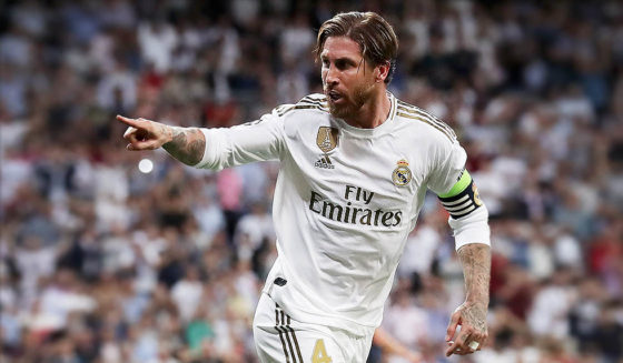 Sergio Ramos MADRID, SPAIN - OCTOBER 01: Sergio Ramos of Real Madrid celebrates after scoring his team's first goal during the UEFA Champions League group A match between Real Madrid and Club Brugge KV at Bernabeu on October 01, 2019 in Madrid, Spain. (Photo by Gonzalo Arroyo Moreno/Getty Images)