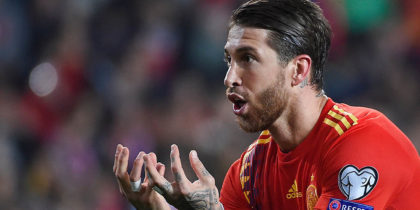 Spain's defender Sergio Ramos celebrates after scoring during the Euro 2020 group F qualifying football match between Spain and Norway at the Mestalla Stadium in Valencia on March 23, 2019. (Photo by JOSE JORDAN / AFP) (Photo credit should read JOSE JORDAN/AFP/Getty Images)