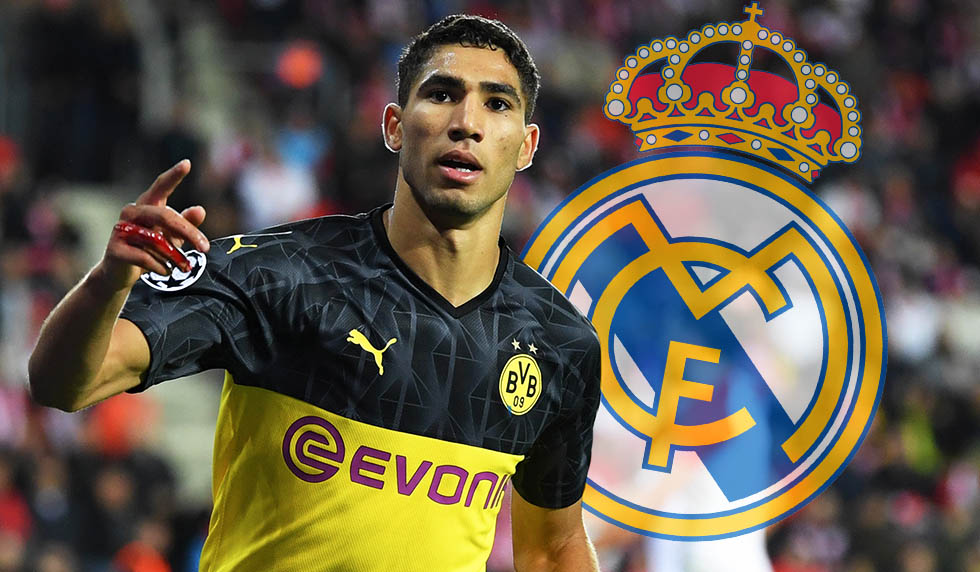 PRAGUE, CZECH REPUBLIC - OCTOBER 02: Achraf Hakimi of Borussia Dortmund celebrates after scoring his sides second goal during the UEFA Champions League group F match between Slavia Praha and Borussia Dortmund at Eden Stadium on October 02, 2019 in Prague, Czech Republic. (Photo by Sebastian Widmann/Getty Images)