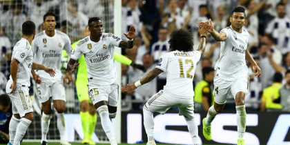 Real Madrid's Brazilian midfielder Casemiro (R) celebrates after scoring during the UEFA Champions league Group A football match between Real Madrid and Club Brugge at the Santiago Bernabeu stadium in Madrid on October 1, 2019. (Photo by OSCAR DEL POZO / AFP) (Photo credit should read OSCAR DEL POZO/AFP/Getty Images)