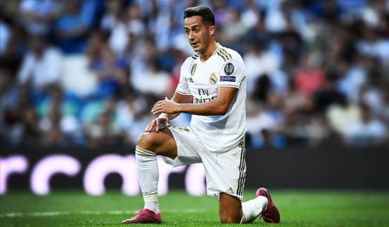 Real Madrid's Spanish forward Lucas Vazquez reacts during the UEFA Champions league Group A football match between Real Madrid and Club Brugge at the Santiago Bernabeu stadium in Madrid on October 1, 2019. (Photo by OSCAR DEL POZO / AFP) (Photo credit should read OSCAR DEL POZO/AFP/Getty Images)