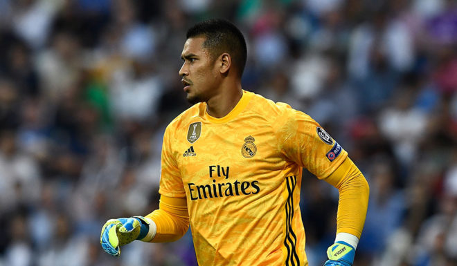 Real Madrid's French goalkeeper Alphonse Areola looks on during the UEFA Champions league Group A football match between Real Madrid and Club Brugge at the Santiago Bernabeu stadium in Madrid on October 1, 2019. (Photo by OSCAR DEL POZO / AFP) (Photo credit should read OSCAR DEL POZO/AFP/Getty Images)