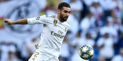Real Madrid's Spanish defender Dani Carvajal controls the ball during the UEFA Champions league Group A football match between Real Madrid and Club Brugge at the Santiago Bernabeu stadium in Madrid on October 1, 2019. (Photo by OSCAR DEL POZO / AFP) (Photo credit should read OSCAR DEL POZO/AFP/Getty Images)