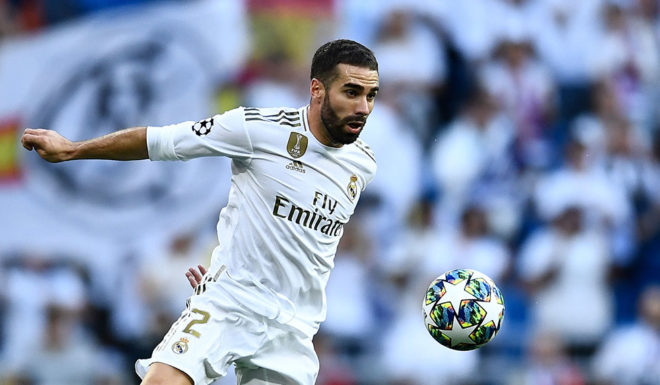 Real Madrid's Spanish defender Dani Carvajal controls the ball during the UEFA Champions league Group A football match between Real Madrid and Club Brugge at the Santiago Bernabeu stadium in Madrid on October 1, 2019. (Photo by OSCAR DEL POZO / AFP) (Photo credit should read OSCAR DEL POZO/AFP/Getty Images)