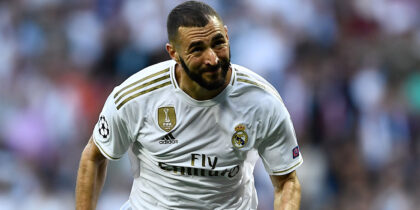 Real Madrid's French forward Karim Benzema reacts during the UEFA Champions league Group A football match between Real Madrid and Club Brugge at the Santiago Bernabeu stadium in Madrid on October 1, 2019. (Photo by OSCAR DEL POZO / AFP) (Photo credit should read OSCAR DEL POZO/AFP/Getty Images)