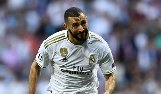 Real Madrid's French forward Karim Benzema reacts during the UEFA Champions league Group A football match between Real Madrid and Club Brugge at the Santiago Bernabeu stadium in Madrid on October 1, 2019. (Photo by OSCAR DEL POZO / AFP) (Photo credit should read OSCAR DEL POZO/AFP/Getty Images)