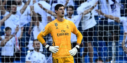 Real Madrid's Belgian goalkeeper Thibaut Courtois reacts during the UEFA Champions league Group A football match between Real Madrid and Club Brugge at the Santiago Bernabeu stadium in Madrid on October 1, 2019. (Photo by OSCAR DEL POZO / AFP) (Photo credit should read OSCAR DEL POZO/AFP/Getty Images)