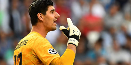 Real Madrid's Belgian goalkeeper Thibaut Courtois reacts during the UEFA Champions league Group A football match between Real Madrid and Club Brugge at the Santiago Bernabeu stadium in Madrid on October 1, 2019. (Photo by PIERRE-PHILIPPE MARCOU / AFP) (Photo credit should read PIERRE-PHILIPPE MARCOU/AFP/Getty Images)