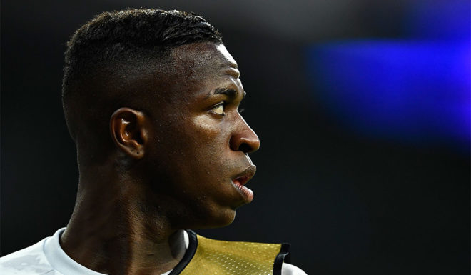 Real Madrid's Brazilian forward Vinicius Junior looks on during the UEFA Champions league Group A football match between Real Madrid and Club Brugge at the Santiago Bernabeu stadium in Madrid on October 1, 2019. (Photo by OSCAR DEL POZO / AFP) (Photo credit should read OSCAR DEL POZO/AFP/Getty Images)