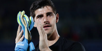 Belgium's goalkeeper Thibaut Courtois acknowledges the public at the end of the Euro 2020 qualifier football match San Marino vs Belgium on September 6, 2019 at the Olympic stadium in Serravalle. (Photo by Isabella BONOTTO / AFP) (Photo credit should read ISABELLA BONOTTO/AFP/Getty Images)