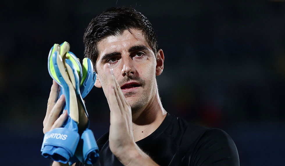 Belgium's goalkeeper Thibaut Courtois acknowledges the public at the end of the Euro 2020 qualifier football match San Marino vs Belgium on September 6, 2019 at the Olympic stadium in Serravalle. (Photo by Isabella BONOTTO / AFP) (Photo credit should read ISABELLA BONOTTO/AFP/Getty Images)