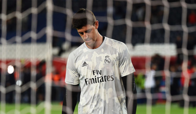 Real Madrid's Belgian goalkeeper Thibaut Courtois looks on prior to the UEFA Champions league Group A football match between Paris Saint-Germain and Real Madrid, at the Parc des Princes stadium, in Paris, on September 18, 2019. (Photo by Lucas BARIOULET / AFP) (Photo credit should read LUCAS BARIOULET/AFP/Getty Images)