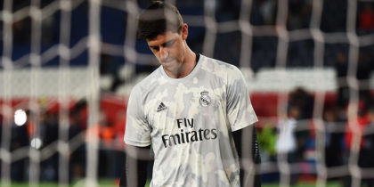 Real Madrid's Belgian goalkeeper Thibaut Courtois looks on prior to the UEFA Champions league Group A football match between Paris Saint-Germain and Real Madrid, at the Parc des Princes stadium, in Paris, on September 18, 2019. (Photo by Lucas BARIOULET / AFP) (Photo credit should read LUCAS BARIOULET/AFP/Getty Images)