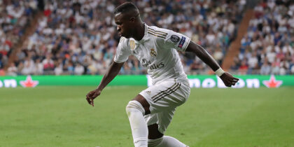 MADRID, SPAIN - OCTOBER 01: Vinicius Junior of Real Madrid CF controls the ball during the UEFA Champions League group A match between Real Madrid and Club Brugge KV at Bernabeu on October 01, 2019 in Madrid, Spain. (Photo by Gonzalo Arroyo Moreno/Getty Images)