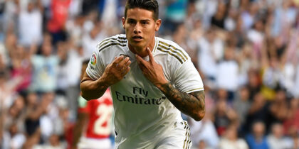 Real Madrid's Colombian midfielder James Rodriguez celebrates scoring his team's fourth goal during the Spanish league football match between Real Madrid CF and Granada FC at the Santiago Bernabeu stadium in Madrid on October 5, 2019. (Photo by PIERRE-PHILIPPE MARCOU / AFP) (Photo by PIERRE-PHILIPPE MARCOU/AFP via Getty Images)