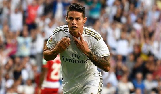 James Rodriguez Real Madrid's Colombian midfielder James Rodriguez celebrates scoring his team's fourth goal during the Spanish league football match between Real Madrid CF and Granada FC at the Santiago Bernabeu stadium in Madrid on October 5, 2019. (Photo by PIERRE-PHILIPPE MARCOU / AFP) (Photo by PIERRE-PHILIPPE MARCOU/AFP via Getty Images)