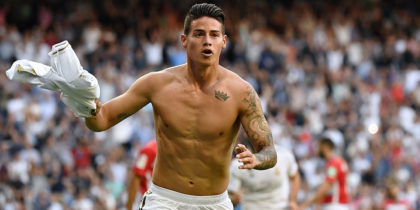 Real Madrid's Colombian midfielder James Rodriguez celebrates scoring his team's fourth goal during the Spanish league football match between Real Madrid CF and Granada FC at the Santiago Bernabeu stadium in Madrid on October 5, 2019. (Photo by PIERRE-PHILIPPE MARCOU / AFP) (Photo by PIERRE-PHILIPPE MARCOU/AFP via Getty Images)