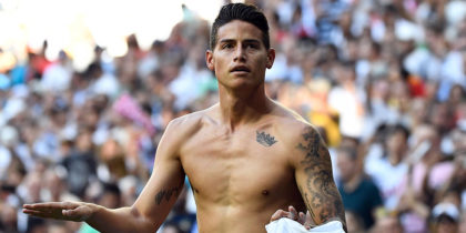 Real Madrid's Colombian midfielder James Rodriguez celebrates scoring his team's fourth goal during the Spanish league football match between Real Madrid CF and Granada FC at the Santiago Bernabeu stadium in Madrid on October 5, 2019. (Photo by PIERRE-PHILIPPE MARCOU / AFP) (Photo by PIERRE-PHILIPPE MARCOU/AFP via Getty Images)