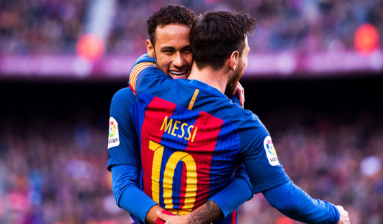 Neymar, Messi BARCELONA, SPAIN - FEBRUARY 04: Lionel Messi (R) of FC Barcelona celebrates with his teammate Neymar Santos Jr after scoring his team's second goal during the La Liga match between FC Barcelona and Athletic Club at Camp Nou stadium on February 4, 2017 in Barcelona, Spain. (Photo by Alex Caparros/Getty Images)