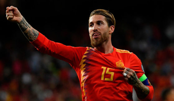 Spain's defender Sergio Ramos celebrates after scoring a penalty during the UEFA Euro 2020 group F qualifying football match between Spain and Sweden at the Santiago Bernabeu stadium in Madrid on June 10, 2019. (Photo by PIERRE-PHILIPPE MARCOU / AFP) (Photo credit should read PIERRE-PHILIPPE MARCOU/AFP/Getty Images)