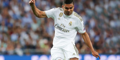 MADRID, SPAIN - OCTOBER 01: Carlos Casemiro of Real Madrid CF strikes the ball during the UEFA Champions League group A match between Real Madrid and Club Brugge KV at Bernabeu on October 01, 2019 in Madrid, Spain. (Photo by Gonzalo Arroyo Moreno/Getty Images)