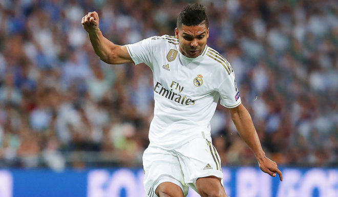 Casemiro MADRID, SPAIN - OCTOBER 01: Carlos Casemiro of Real Madrid CF strikes the ball during the UEFA Champions League group A match between Real Madrid and Club Brugge KV at Bernabeu on October 01, 2019 in Madrid, Spain. (Photo by Gonzalo Arroyo Moreno/Getty Images)