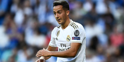 Real Madrid's Spanish forward Lucas Vazquez reacts during the UEFA Champions league Group A football match between Real Madrid and Club Brugge at the Santiago Bernabeu stadium in Madrid on October 1, 2019. (Photo by OSCAR DEL POZO / AFP) (Photo credit should read OSCAR DEL POZO/AFP/Getty Images)