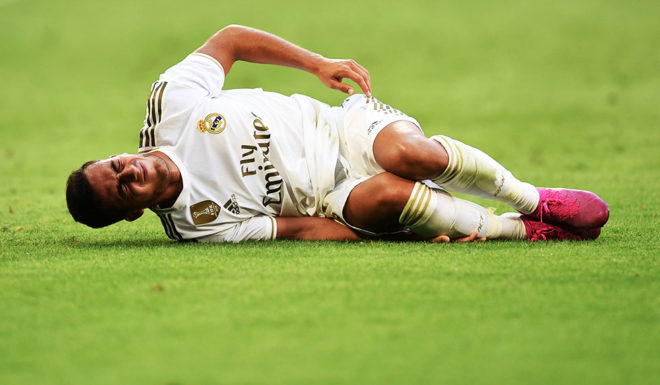 Real Madrid's Spanish midfielder Lucas Vazquez reacts during the Audi Cup football match between Real Madrid and Tottenham Hotspur in Munich, southern Germany, on July 30, 2019. (Photo by Christof STACHE / AFP) (Photo credit should read CHRISTOF STACHE/AFP/Getty Images)