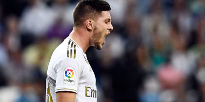 Real Madrid's Serbian forward Luka Jovic reacts to missing a goal opportunity during the Spanish league football match between Real Madrid CF and CA Osasuna at the Santiago Bernabeu stadium in Madrid, on September 25, 2019. (Photo by OSCAR DEL POZO / AFP) (Photo credit should read OSCAR DEL POZO/AFP/Getty Images)
