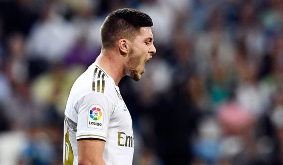 Real Madrid's Serbian forward Luka Jovic reacts to missing a goal opportunity during the Spanish league football match between Real Madrid CF and CA Osasuna at the Santiago Bernabeu stadium in Madrid, on September 25, 2019. (Photo by OSCAR DEL POZO / AFP) (Photo credit should read OSCAR DEL POZO/AFP/Getty Images)