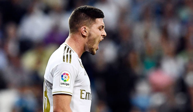 Real Madrid's Serbian forward Luka Jovic reacts to missing a goal opportunity during the Spanish league football match between Real Madrid CF and CA Osasuna at the Santiago Bernabeu stadium in Madrid, on September 25, 2019. (Photo by OSCAR DEL POZO / AFP) (Photo credit should read OSCAR DEL POZO/AFP/Getty Images)