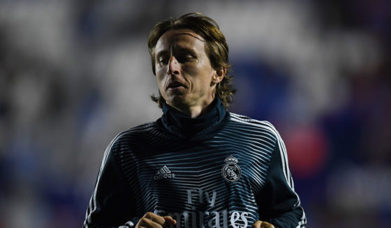 VALENCIA, SPAIN - FEBRUARY 24: Luka Modric of Real Madrid CF looks on during the warm up prior to the La Liga match between Levante UD and Real Madrid CF at Ciutat de Valencia on February 24, 2019 in Valencia, Spain. (Photo by Alex Caparros/Getty Images)
