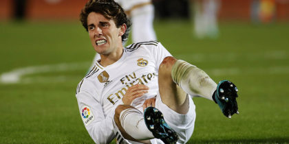 Real Madrid's defender Alvaro Odriozola lays on the field during the Spanish league football match RCD Mallorca against Real Madrid CF at the Iberostar estadi stadium in Palma de Mallorca on October 19, 2019. (Photo by JAIME REINA / AFP) (Photo by JAIME REINA/AFP via Getty Images)