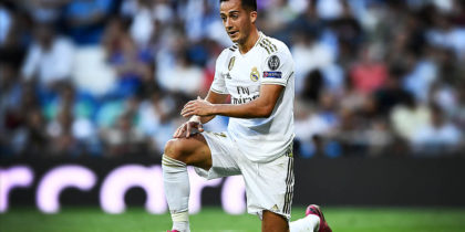 Real Madrid's Spanish forward Lucas Vazquez reacts during the UEFA Champions league Group A football match between Real Madrid and Club Brugge at the Santiago Bernabeu stadium in Madrid on October 1, 2019. (Photo by OSCAR DEL POZO / AFP) (Photo credit should read OSCAR DEL POZO/AFP/Getty Images)