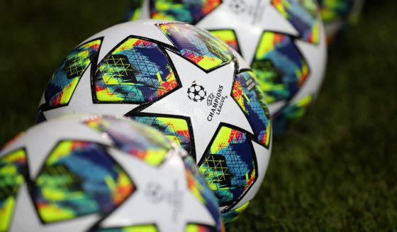 Champions League BRUGGE, BELGIUM - OCTOBER 22: Detailed view of the Champions League logo is seen on a ball prior to the UEFA Champions League group A match between Club Brugge KV and Paris Saint-Germain at Jan Breydel Stadium on October 22, 2019 in Brugge, Belgium. (Photo by Catherine Ivill/Getty Images)