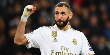 Real Madrid's French forward Karim Benzema celebrates after scoring during the UEFA Champions League Group A football match between Real Madrid and Galatasaray at the Santiago Bernabeu stadium in Madrid, on November 6, 2019. (Photo by GABRIEL BOUYS / AFP) (Photo by GABRIEL BOUYS/AFP via Getty Images)