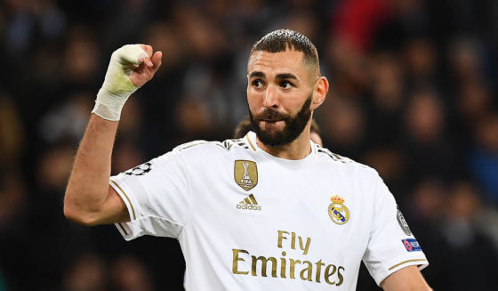Real Madrid's French forward Karim Benzema celebrates after scoring during the UEFA Champions League Group A football match between Real Madrid and Galatasaray at the Santiago Bernabeu stadium in Madrid, on November 6, 2019. (Photo by GABRIEL BOUYS / AFP) (Photo by GABRIEL BOUYS/AFP via Getty Images)