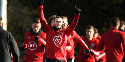 CARDIFF, WALES - NOVEMBER 11: Gareth Bale of Wales(C) reacts during a Wales Training Session at the Vale Resort on November 11, 2019 in Cardiff, Wales. (Photo by Harry Trump/Getty Images)
