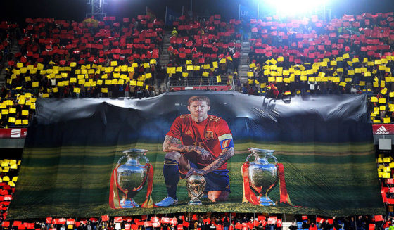 Supporters hold a giant banner in tribute to Spain's defender Sergio Ramos as he is the player with more years in the Spanish selection, during the Euro 2020 Group F football qualification match between Spain and Malta at the Ramon de Carranza stadium in Cadiz, on November 15, 2019. - Spain won 7-0. (Photo by CRISTINA QUICLER / AFP) (Photo by CRISTINA QUICLER/AFP via Getty Images)