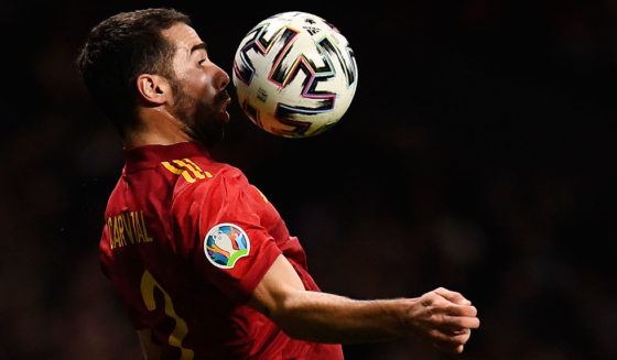 Spain's defender Dani Carvajal controls the ball during the Euro 2020 Group F qualification football match between Spain and Romania at the Wanda Metropolitano Stadium in Madrid on November 18, 2019. (Photo by PIERRE-PHILIPPE MARCOU / AFP) (Photo by PIERRE-PHILIPPE MARCOU/AFP via Getty Images)