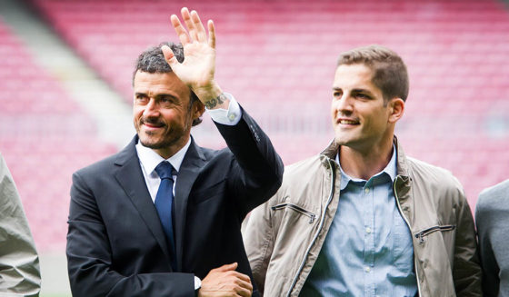 BARCELONA, SPAIN - MAY 21: Luis Enrique Martinez (C) poses for the media with members of his staff (L-R) Joaquin Valdes, Juan Carlos Unzue, Robert Moreno and Rafael Pol during his official presentation as the new coach of FC Barcelona at Camp Nou on May 21, 2014 in Barcelona, Spain. (Photo by Alex Caparros/Getty Images)