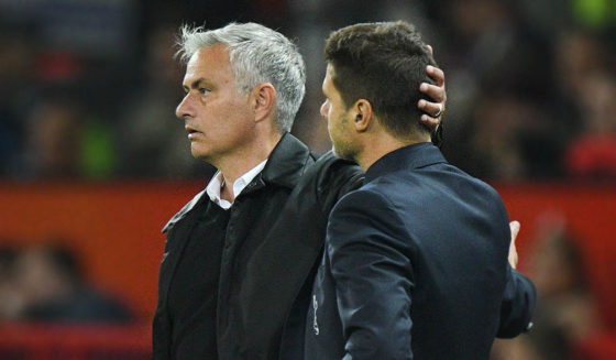 Manchester United's Portuguese manager Jose Mourinho (L) shakes hands with Tottenham Hotspur's Argentinian head coach Mauricio Pochettino (R) on the touchline towards the end of the English Premier League football match between Manchester United and Tottenham Hotspur at Old Trafford in Manchester, north west England, on August 27, 2018. (Photo by Oli SCARFF / AFP) / RESTRICTED TO EDITORIAL USE. No use with unauthorized audio, video, data, fixture lists, club/league logos or 'live' services. Online in-match use limited to 120 images. An additional 40 images may be used in extra time. No video emulation. Social media in-match use limited to 120 images. An additional 40 images may be used in extra time. No use in betting publications, games or single club/league/player publications. / (Photo credit should read OLI SCARFF/AFP via Getty Images)