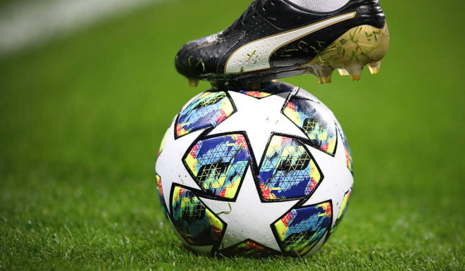 MANCHESTER, ENGLAND - OCTOBER 01: A detailed view of a boot on a practice ball prior to the UEFA Champions League group C match between Manchester City and Dinamo Zagreb at Etihad Stadium on October 01, 2019 in Manchester, United Kingdom. (Photo by Alex Pantling/Getty Images)