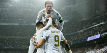 MADRID, SPAIN - NOVEMBER 26: Sergio Ramos celebrates with Karim Benzema of Real Madrid after scoring his team's first goal during the UEFA Champions League group A match between Real Madrid and Paris Saint-Germain at Bernabeu on November 26, 2019 in Madrid, Spain. (Photo by Angel Martinez/Getty Images)