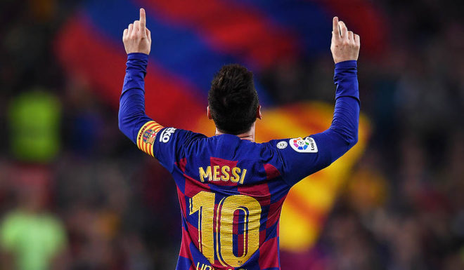 BARCELONA, SPAIN - OCTOBER 29: Lionel Messi of FC Barcelona celebrates after scoring his team's third goal during the Liga match between FC Barcelona and Real Valladolid CF at Camp Nou on October 29, 2019 in Barcelona, Spain. (Photo by Alex Caparros/Getty Images)