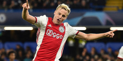 Ajax's Dutch midfielder Donny Van de Beek celebrates after scoring their fourth goal during the UEFA Champion's League Group H football match between Chelsea and Ajax at Stamford Bridge in London on November 5, 2019. (Photo by Glyn KIRK / AFP) (Photo by GLYN KIRK/AFP via Getty Images)