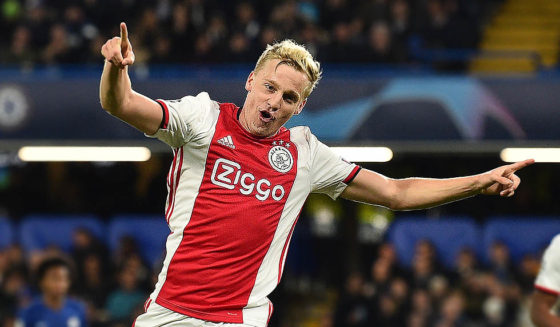 Ajax's Dutch midfielder Donny Van de Beek celebrates after scoring their fourth goal during the UEFA Champion's League Group H football match between Chelsea and Ajax at Stamford Bridge in London on November 5, 2019. (Photo by Glyn KIRK / AFP) (Photo by GLYN KIRK/AFP via Getty Images)